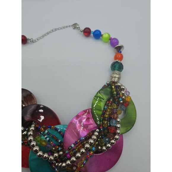 Chunky Disc Circle Hoop Shell Necklace Bib Twist Bead Circle Mother of Pearl 16" - Picture 4 of 10